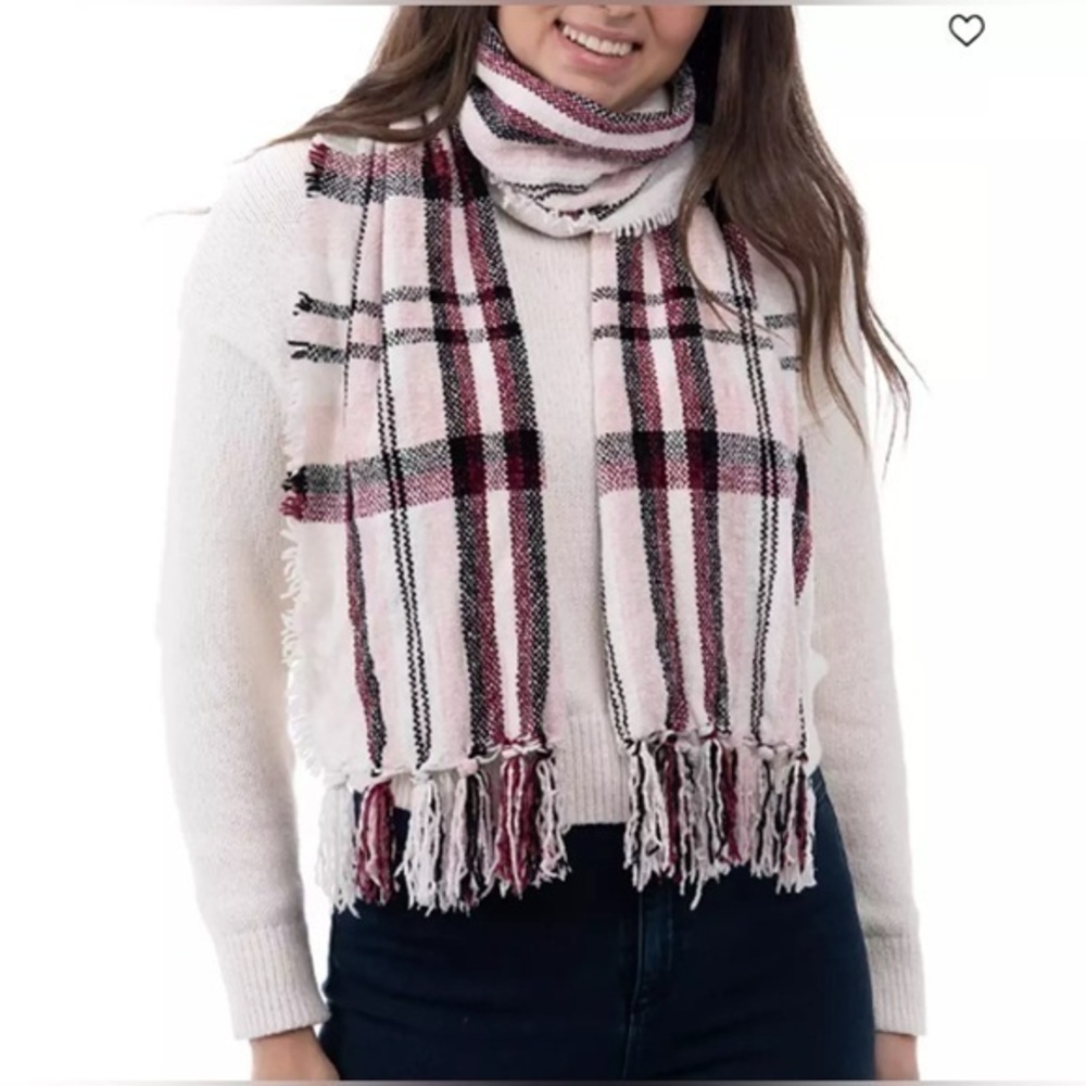 Style&Co. Chenille Scarf Pink Black White Holiday Tartan Plaid Fringe